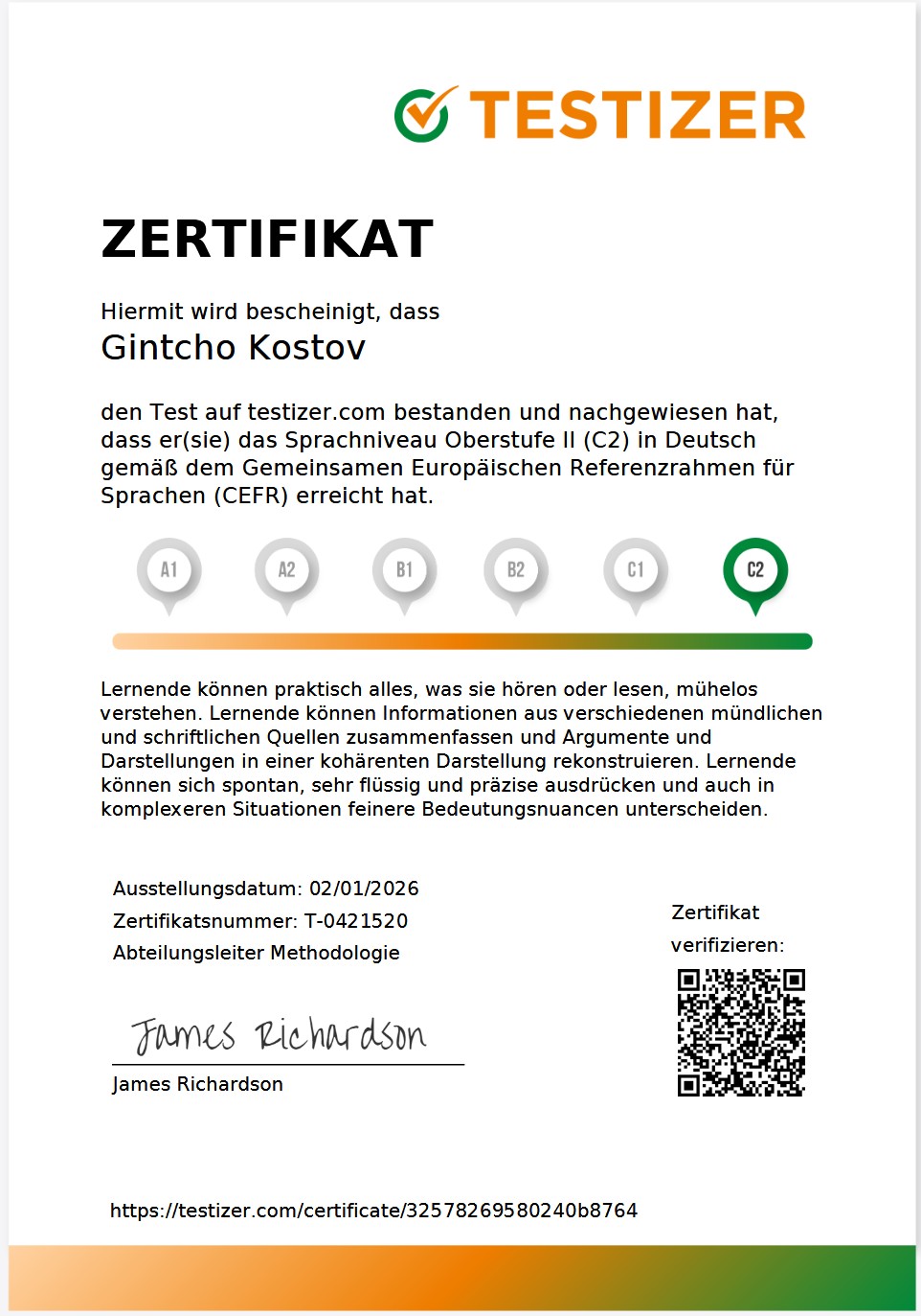 das Zertifikat auf Deutsch